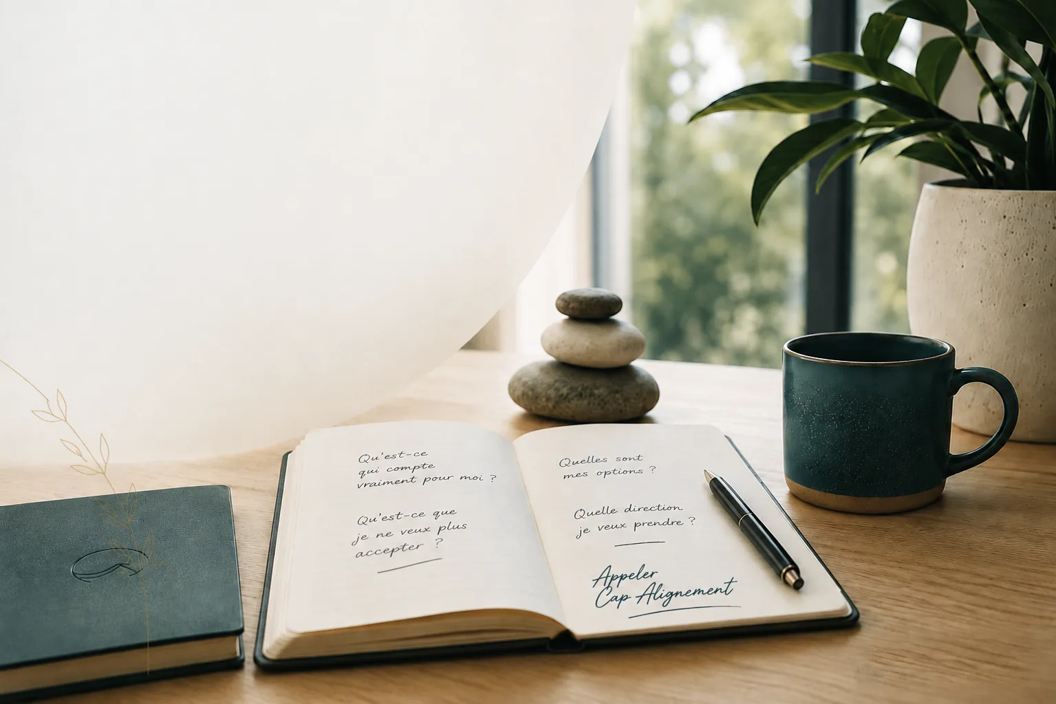 Bureau lumineux avec un carnet ouvert où sont notées les questions d’un accompagnement : ce qui compte vraiment, les options, la direction à prendre